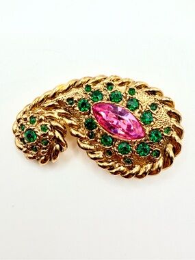 Vintage 80s 90s David Gray Gold Tone Pink Green Rhinestone Paisley Brooch